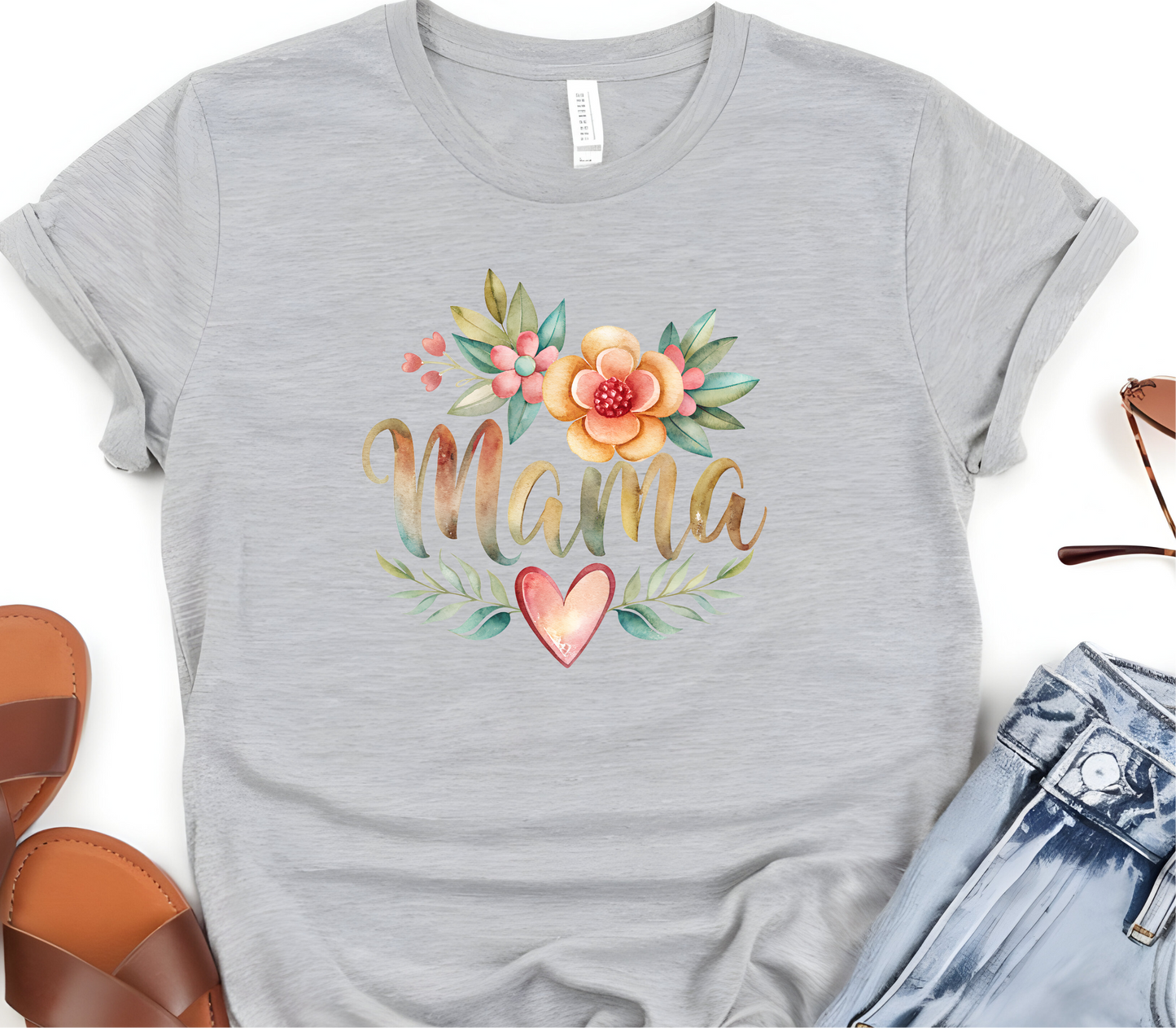 Mama Inspired Design Featuring the word “Mama with Flowers and a heart” in pastel colors