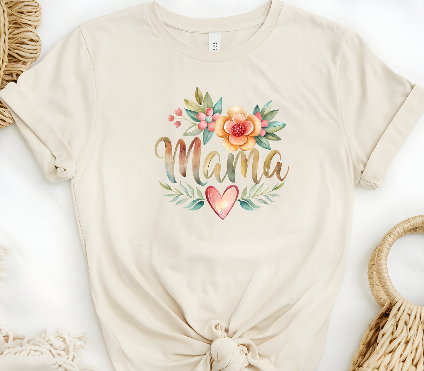 Mama Inspired Design Featuring the word “Mama with Flowers and a heart” in pastel colors