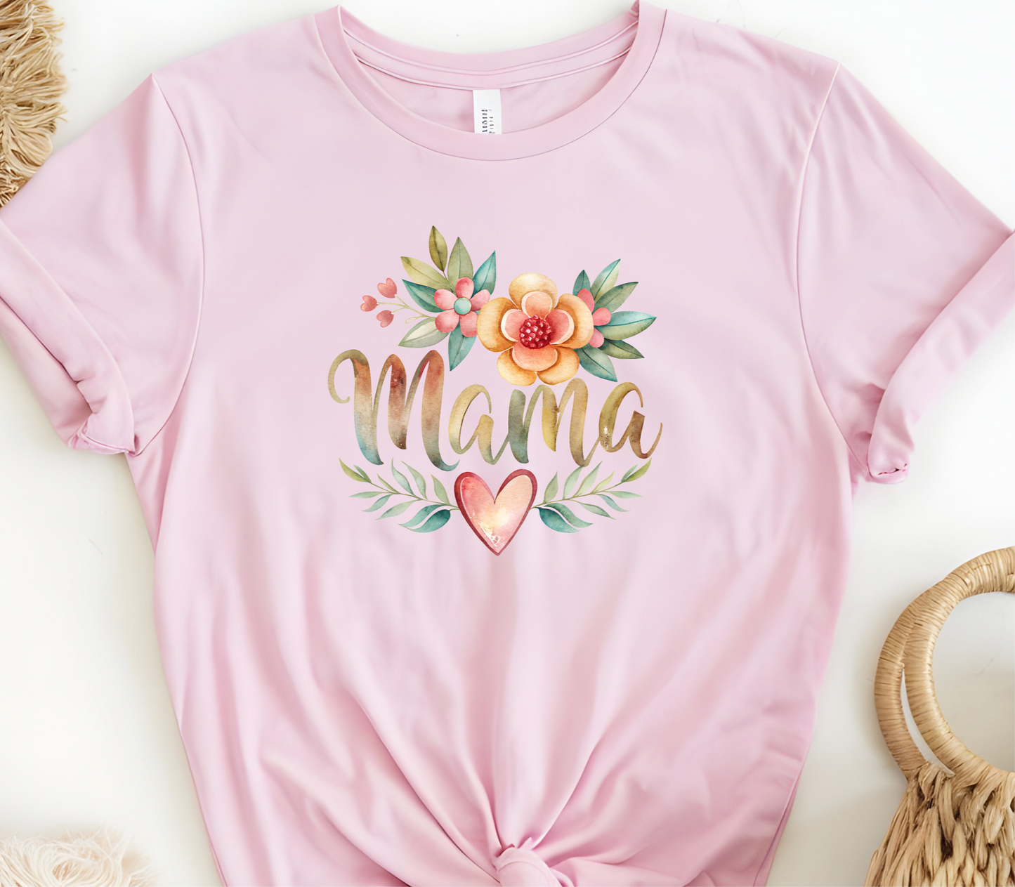 Mama Inspired Design Featuring the word “Mama with Flowers and a heart” in pastel colors