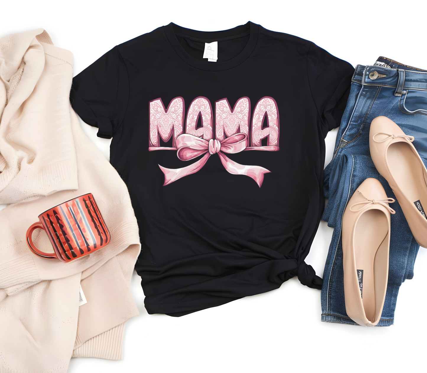 Woman’s T-Shirt featuring the graphic design “Mama in pink with a delicate pattern and a pink coquette bow”