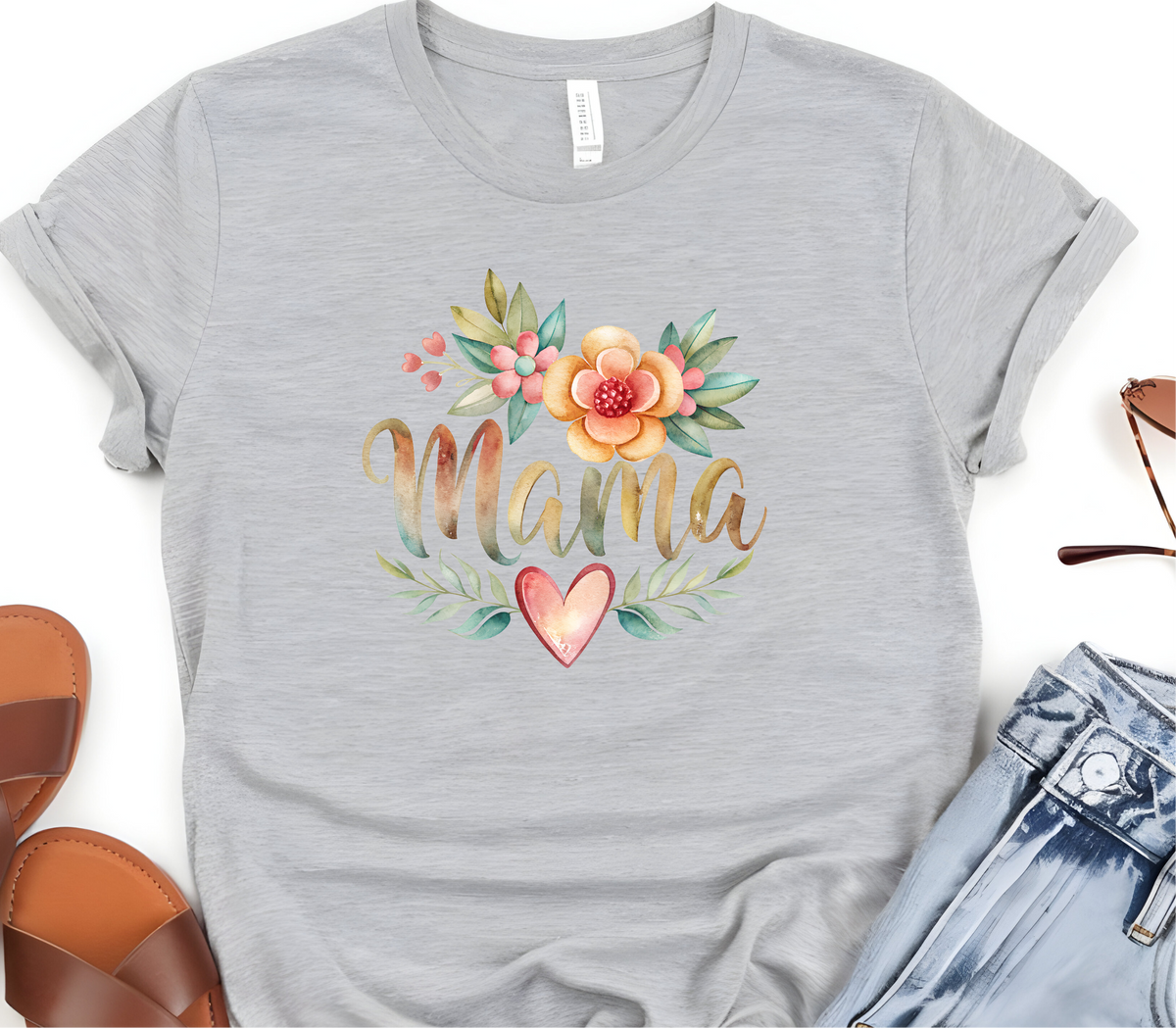 Mom Inspired T-Shirt featuring “Colorful flowers and the message Mama”