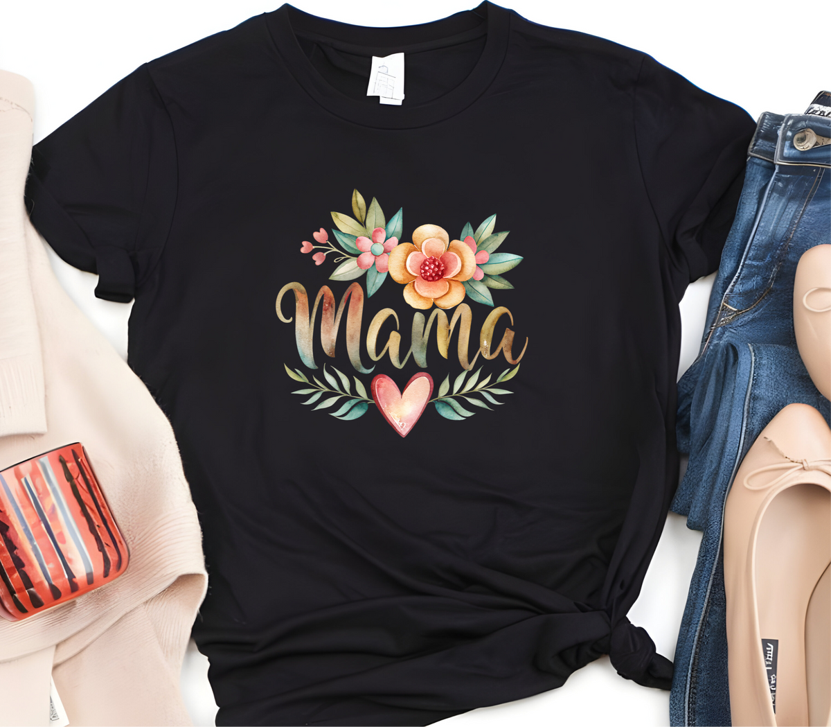 Mom Inspired T-Shirt featuring “Colorful flowers and the message Mama”