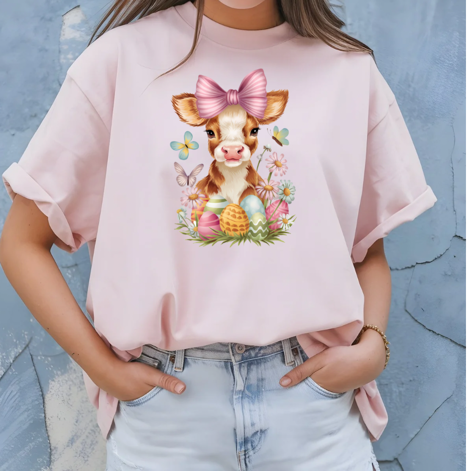 Easter Highland Cow with Pink Bow T-Shirt