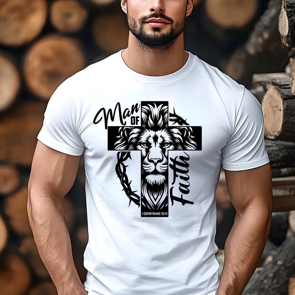 Men’s Faith Based Inspired T-Shirt Featuring the scripture “1Corinthian’s 16:13 along with the message Man Of Faith.”