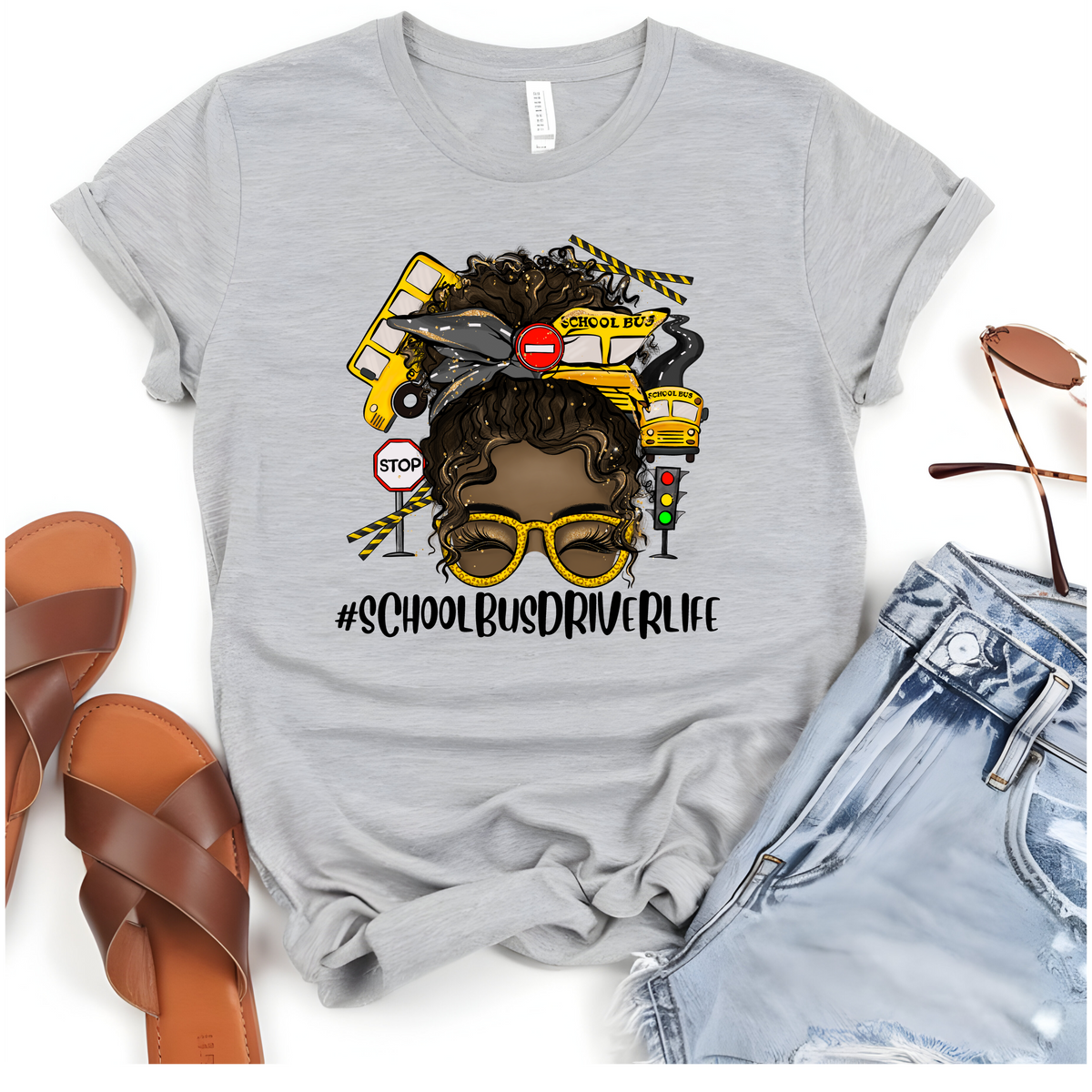 School Bus Driver Life Messy Bun T-Shirt