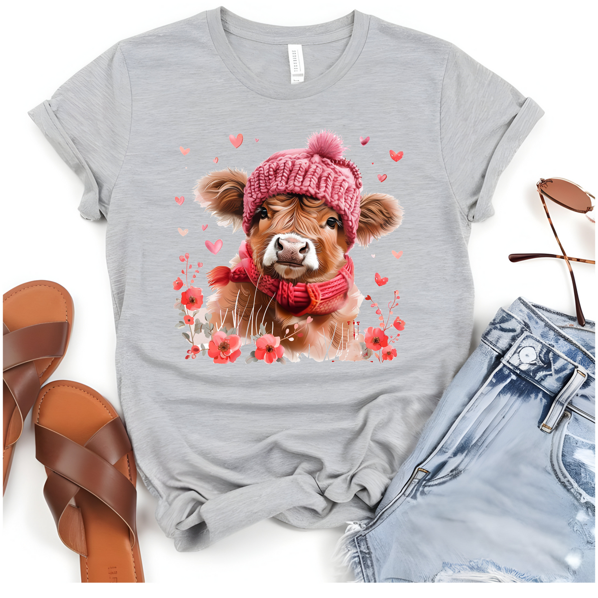 Highland Cow Floral and Hearts T-Shirt