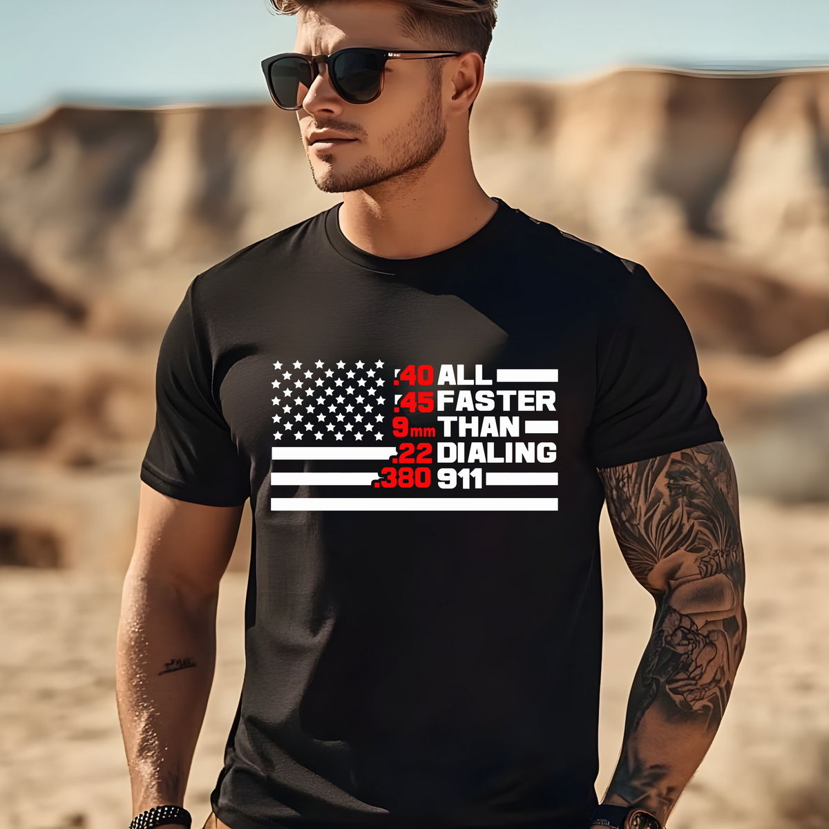 Patriotic Flag with “All Faster Than Dialing Nine One One”, Men’s 2nd Amendment Inspired T-Shirt