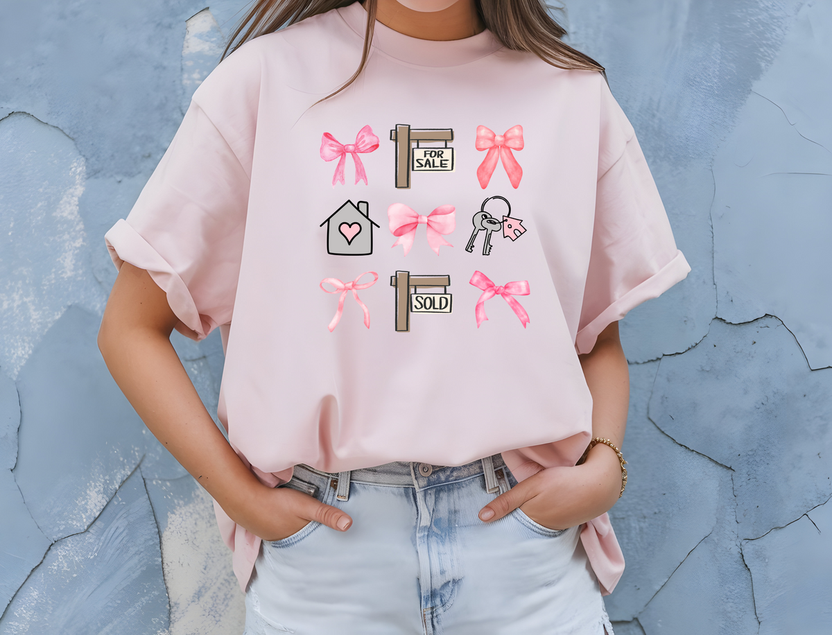 Realtor Inspired Woman’s T-Shirt with Pink Coquette Bows, For-sale and Keys design