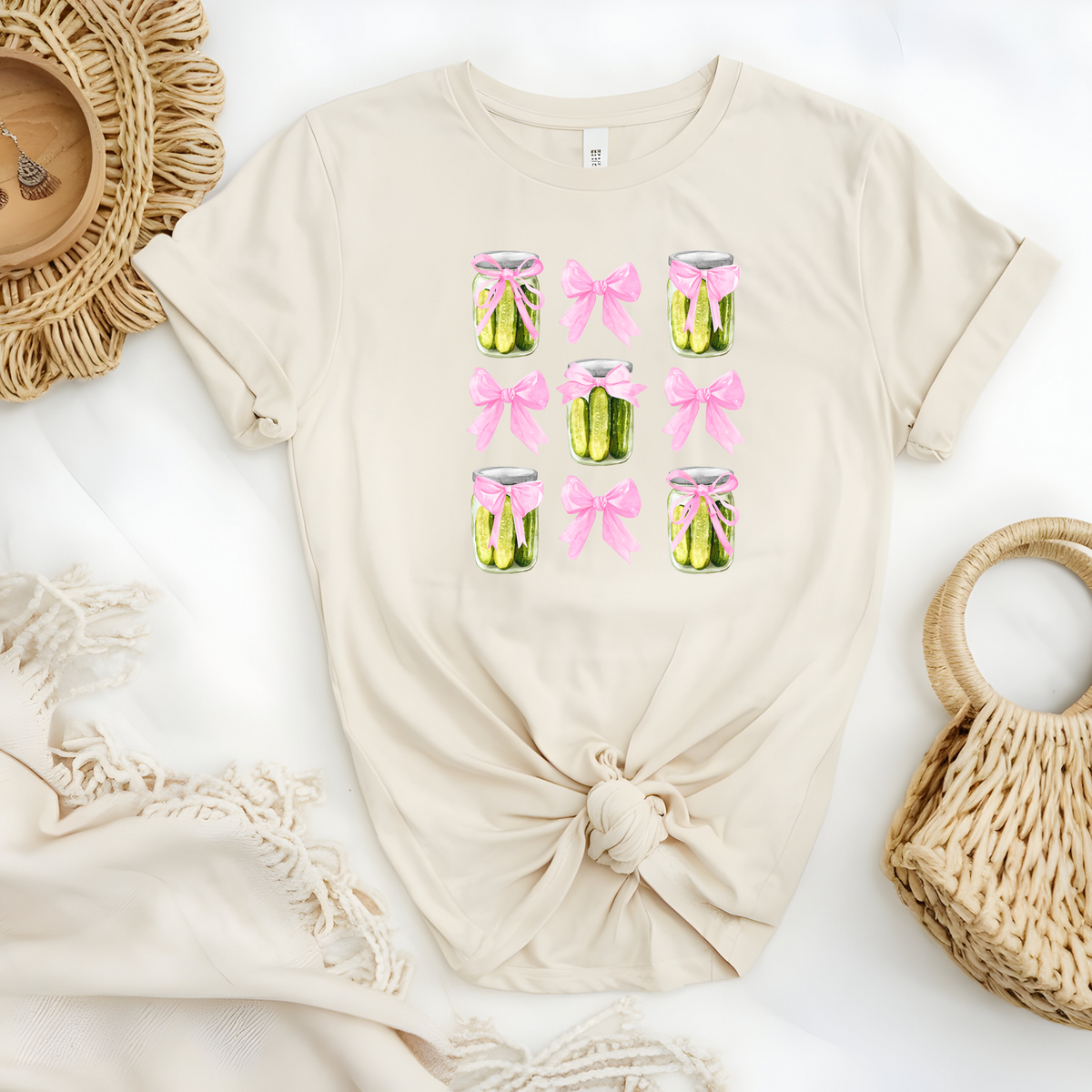Pickle Inspired Woman’s T-Shirt Featuring Pink Coquette Bows Complete With Tasty Pickles in Mason Jars.