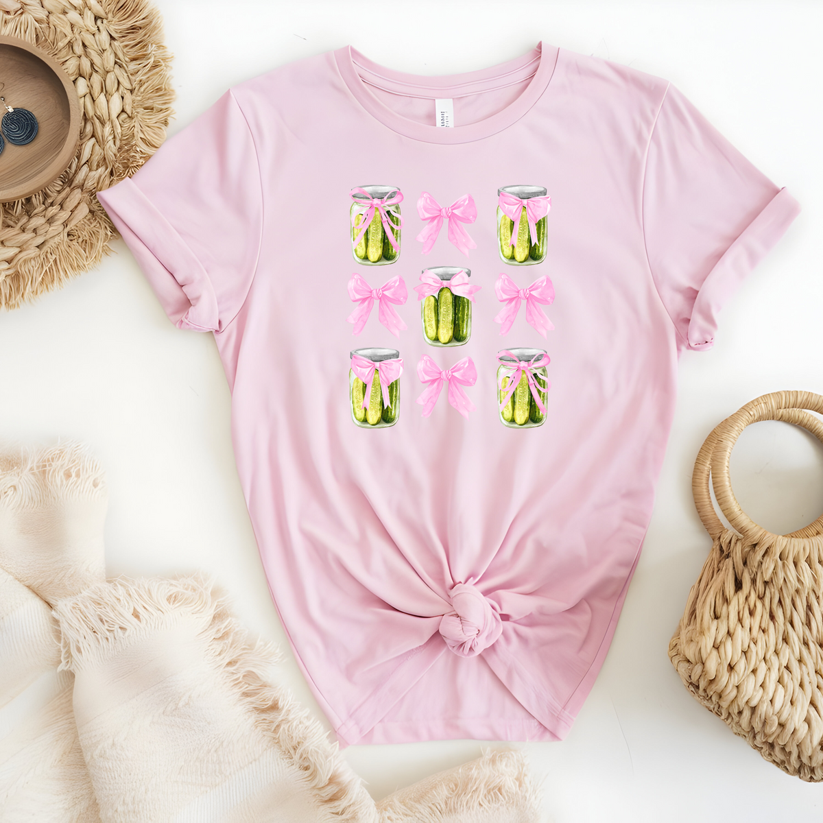 Pickle Inspired Woman’s T-Shirt Featuring Pink Coquette Bows Complete With Tasty Pickles in Mason Jars.