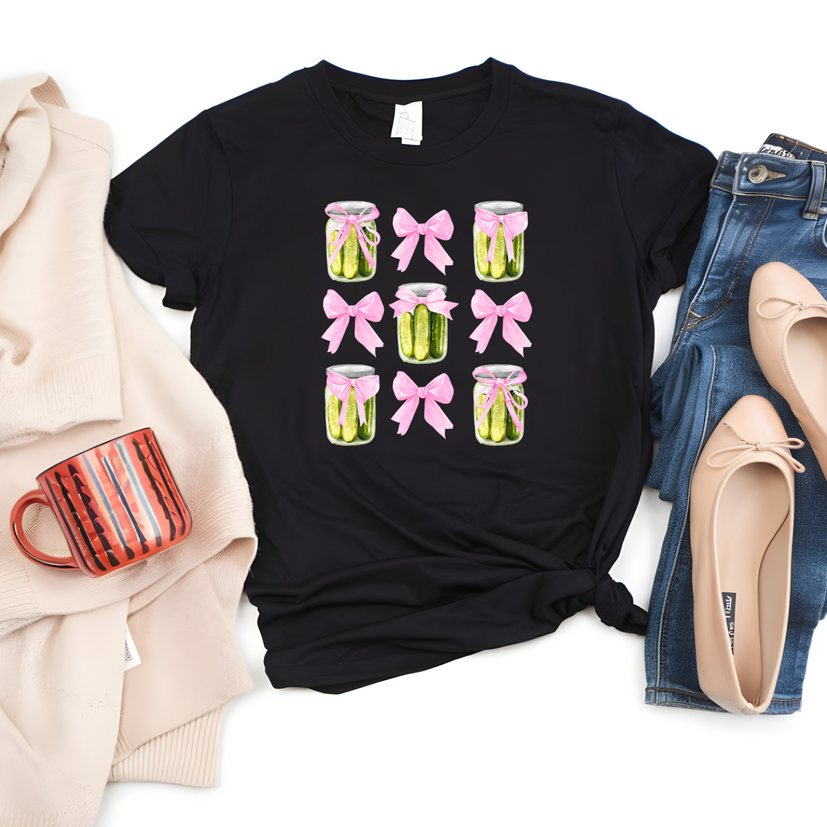 Pickle Inspired Woman’s T-Shirt Featuring Pink Coquette Bows Complete With Tasty Pickles in Mason Jars.