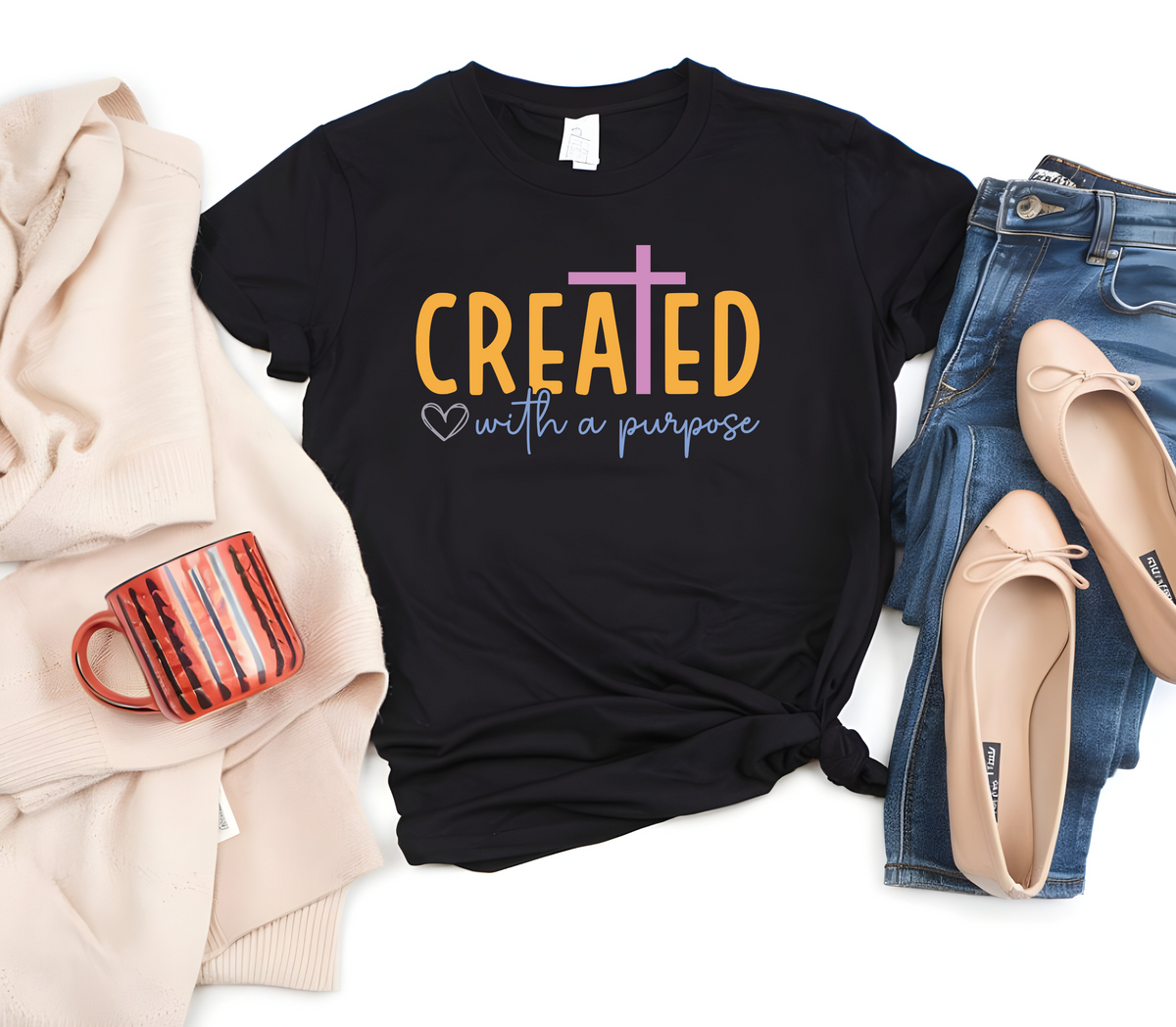 Faith Based Woman’s T-Shirt with the message “Created With A Purpose”.