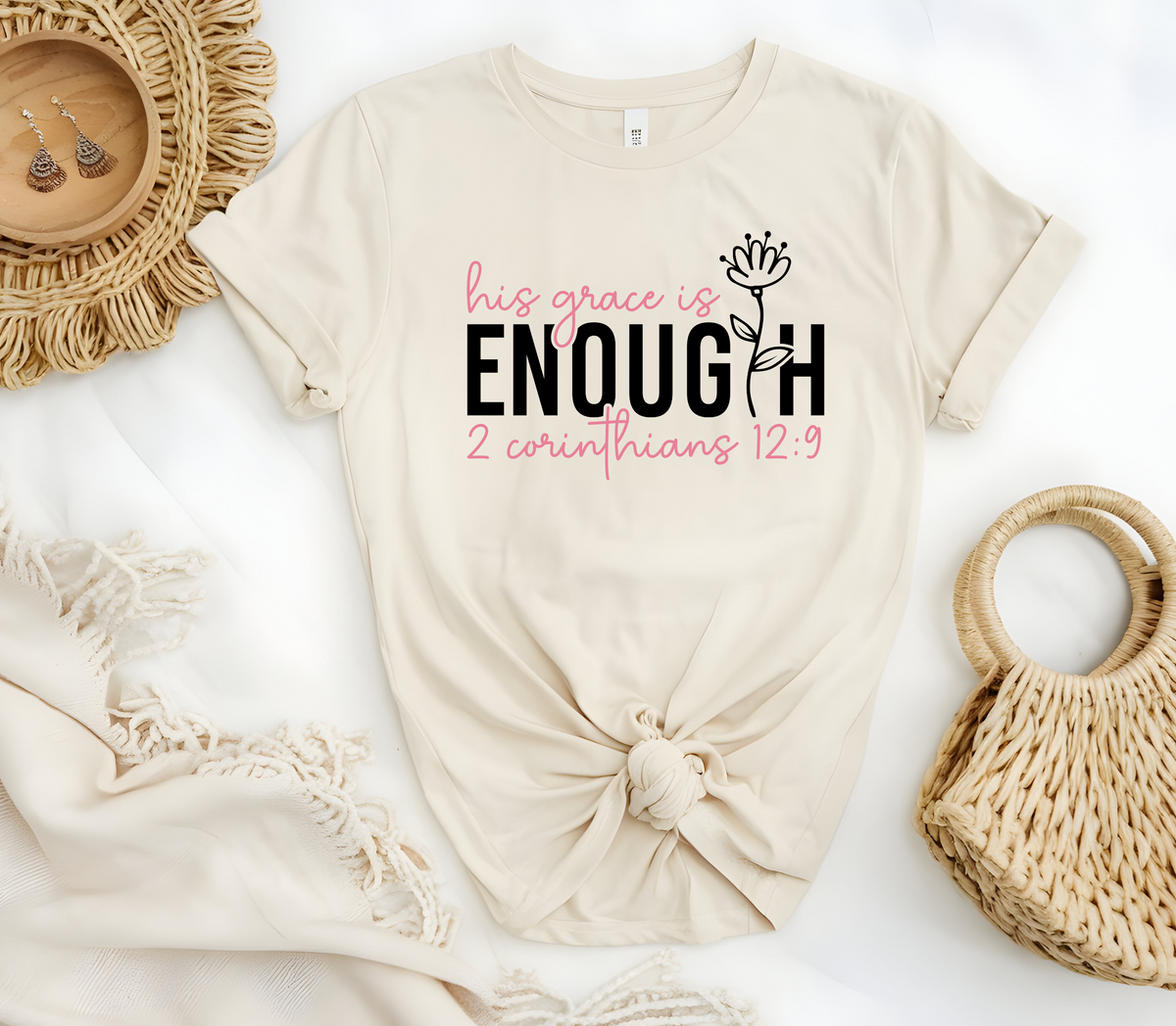 Faith Based Woman’s T-Shirt with the message ”His Grace is Enough and Scripture 2 Corinthians 12:19”