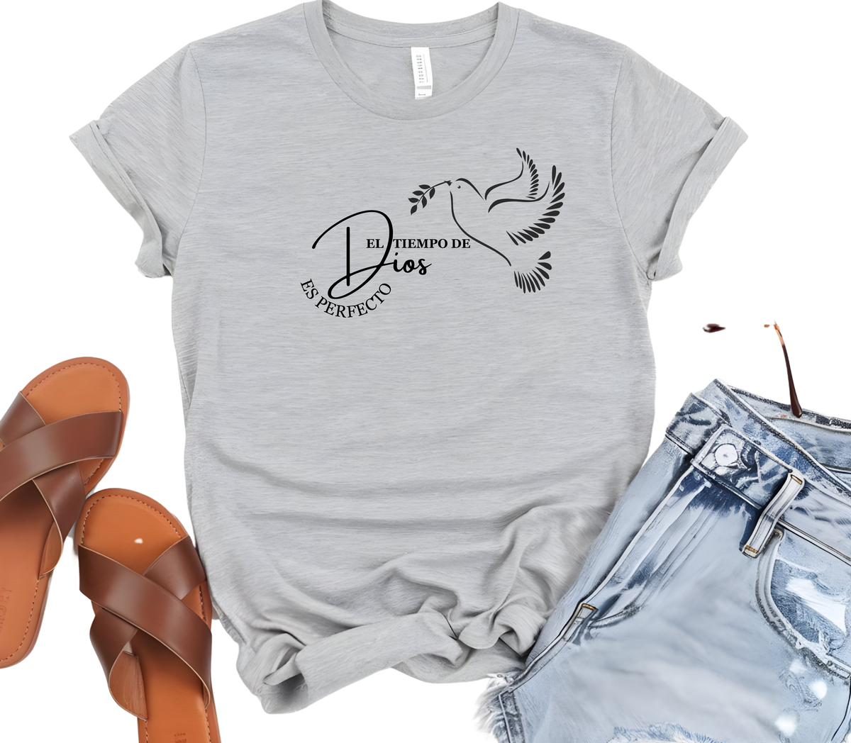Faith Based Woman’s T-Shirt featuring the positive Spanish message “El Tiempo De Dios Es Perfecto with a dove.