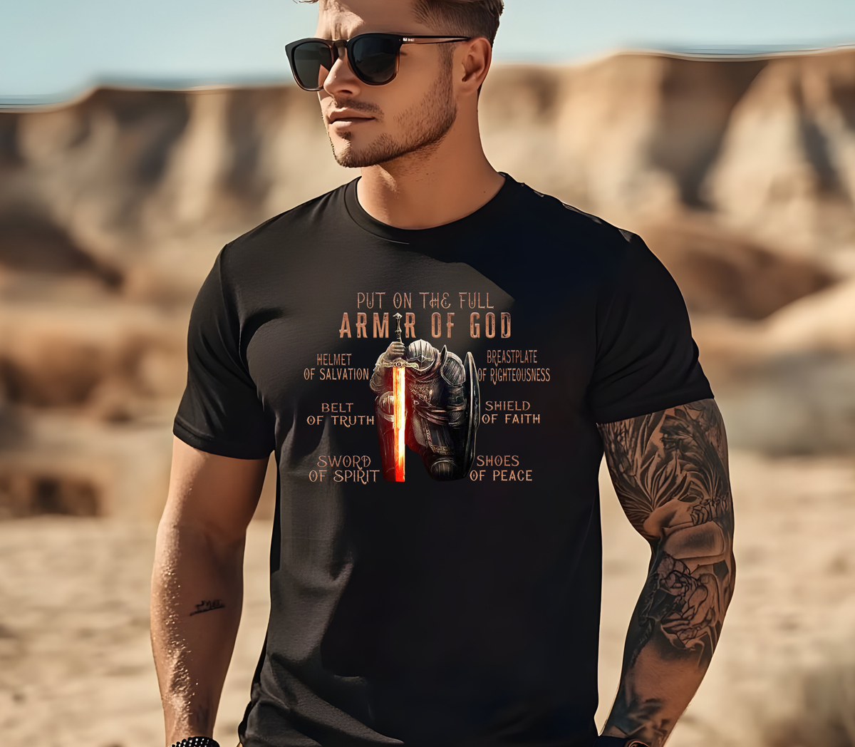 Men’s Faith Based T-Shirt Featuring the messages “Put On The Full Armor Of God, Helmet Of Salvation, Belt of Truth, Sword of Spirit, Breastplate of Righteousness, Shield of Faith & Shoes of Peace”.