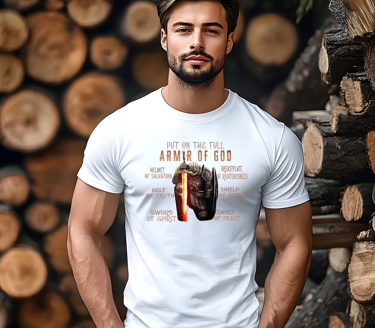 Men’s Faith Based T-Shirt Featuring the messages “Put On The Full Armor Of God, Helmet Of Salvation, Belt of Truth, Sword of Spirit, Breastplate of Righteousness, Shield of Faith & Shoes of Peace”.