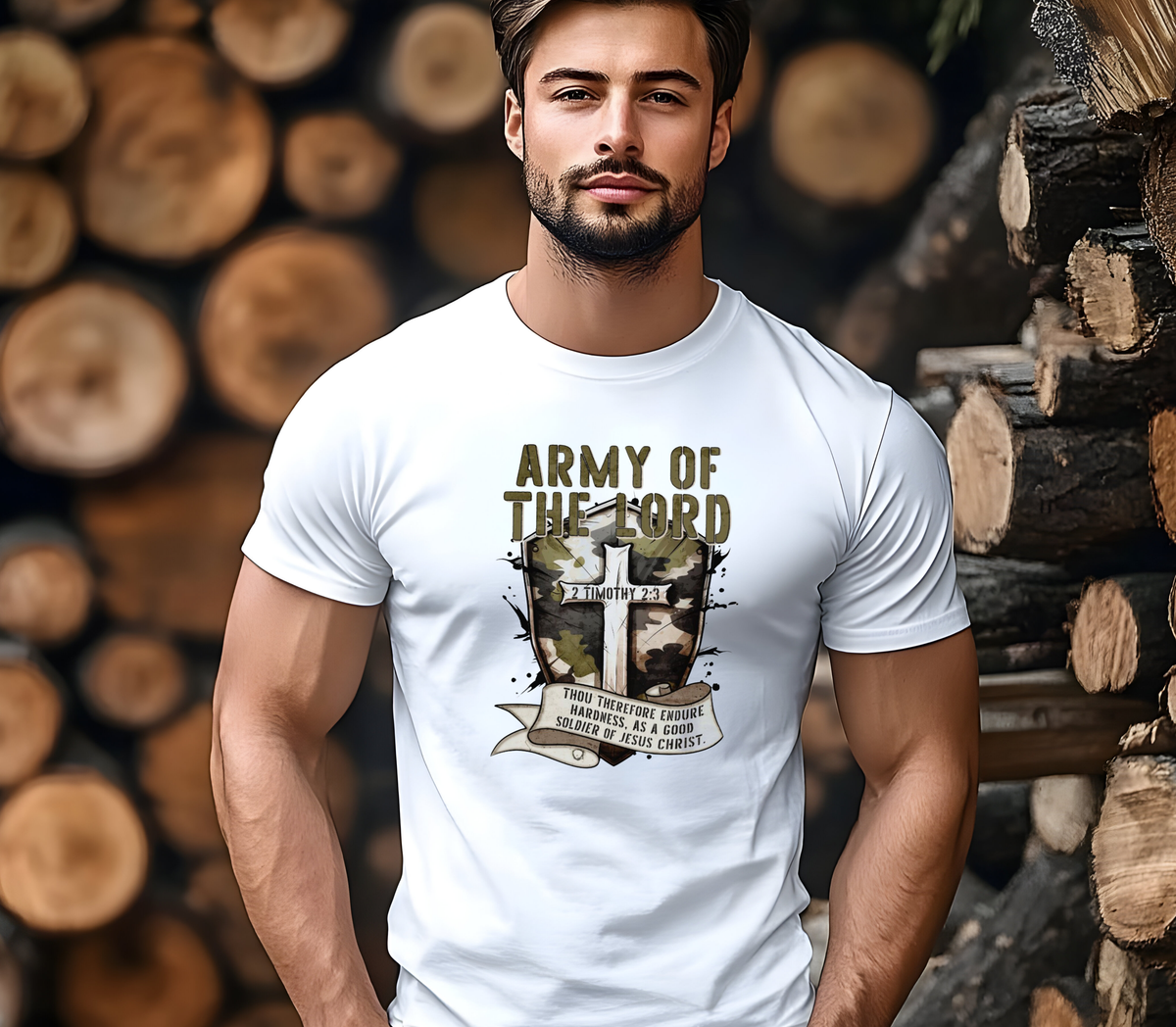 Men’s Faith Based T-Shirt Featuring the message “Army Of The Lord” and scripture “2 Timothy 2:3 Thou Therefore Endure Hardness, As A Good Soldier of Jesus Christ”.