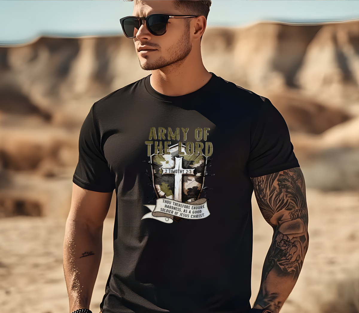 Men’s Faith Based T-Shirt Featuring the message “Army Of The Lord” and scripture “2 Timothy 2:3 Thou Therefore Endure Hardness, As A Good Soldier of Jesus Christ”.