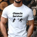 Sarcastic and humorous men’s t-shirt featuring the graphic picture of a mom throwing a flip-flop and the message “chancla survivor”.