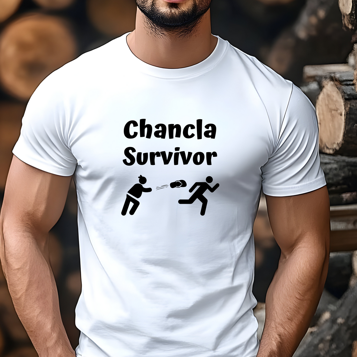 Sarcastic and humorous men’s t-shirt featuring the graphic picture of a mom throwing a flip-flop and the message “chancla survivor”.