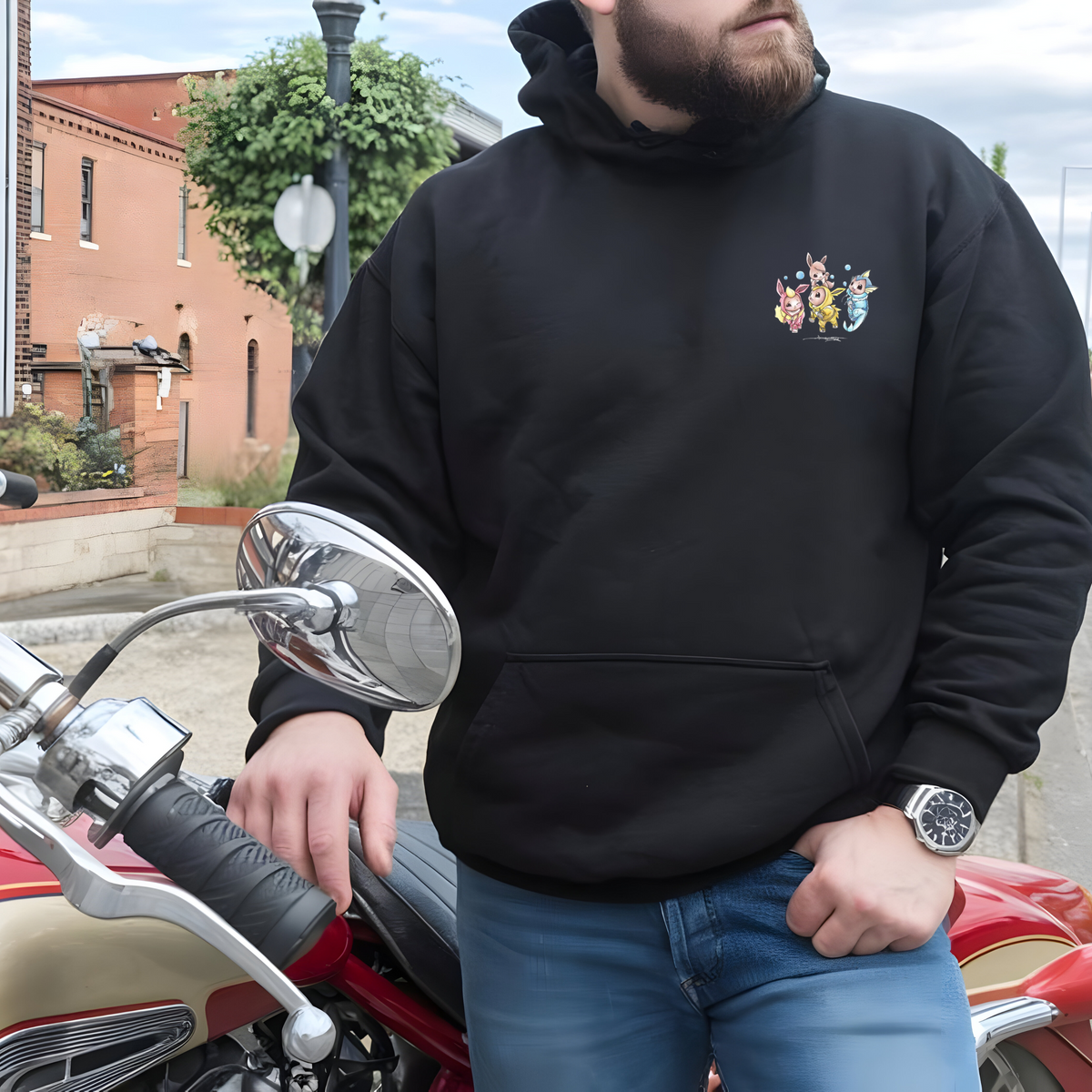 Custom Men’s Cotton Hoodie Featuring a Pokémon Cartoon Character Watercolor pocket size design
