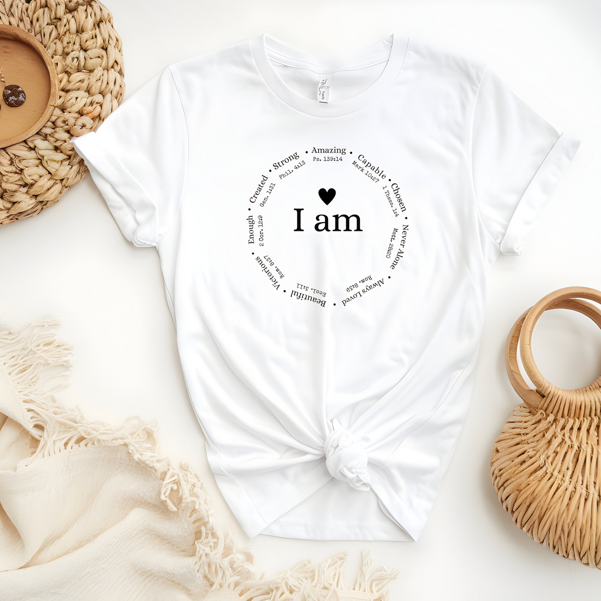 Faith Based T-Shirt featuring the empowering message “I am, strong, amazing, capable, beautiful, victorious, enough, created and never alone”