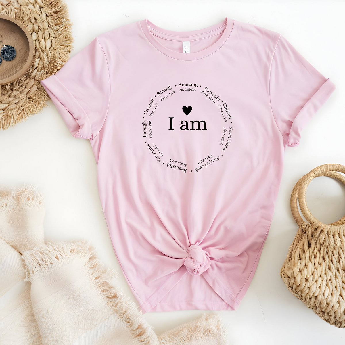 Faith Based T-Shirt featuring the empowering message “I am, strong, amazing, capable, beautiful, victorious, enough, created and never alone”