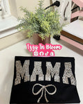 Mom Inspired Leopard Print Woman’s Tshirt Featuring the word “Mama with a pretty coquette bow”