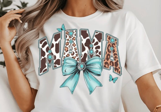Mama Animal design Print with Teal Coquette and butterflies Bow T-Shirt