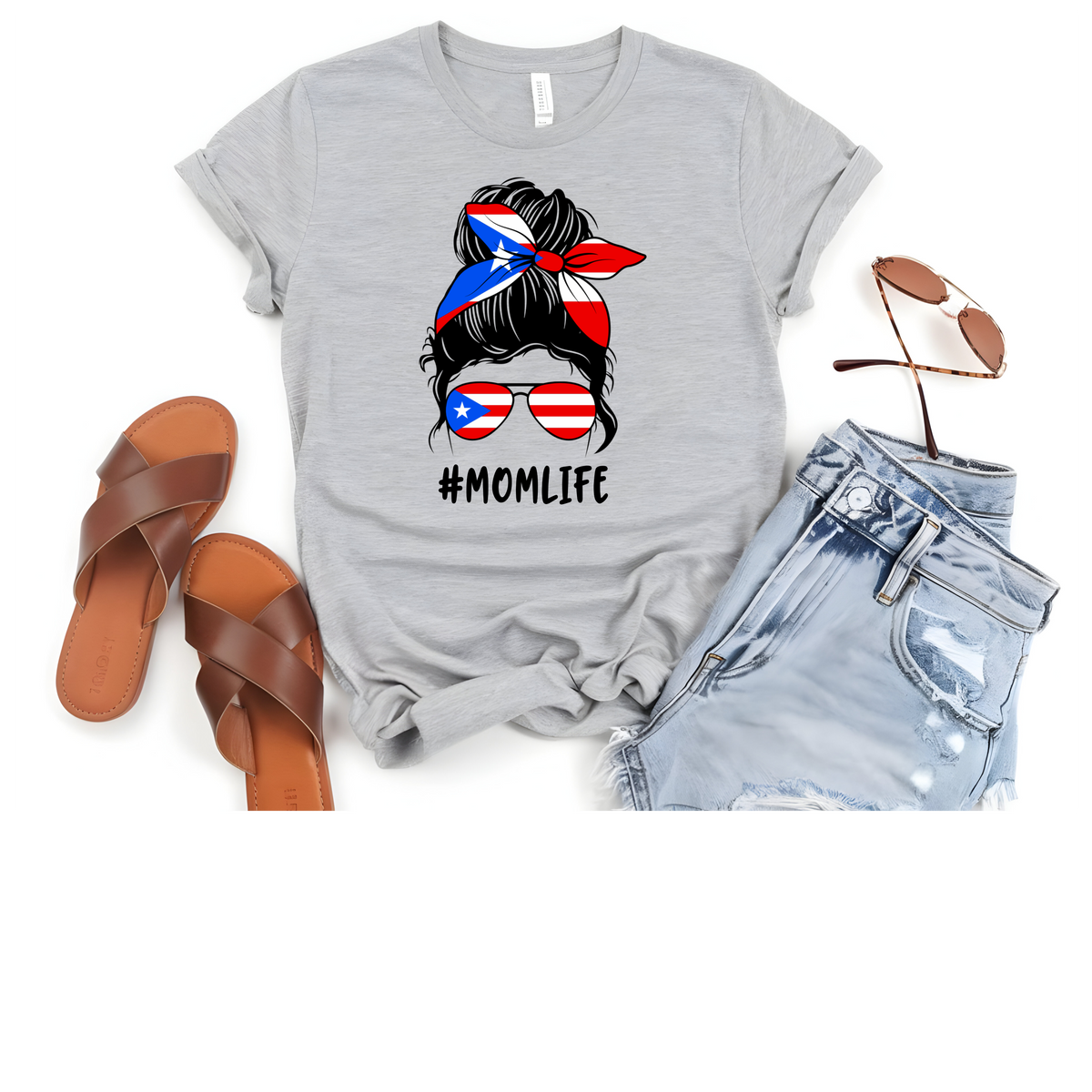 Puerto Rico Messy Bun-Mom Life T-Shirt